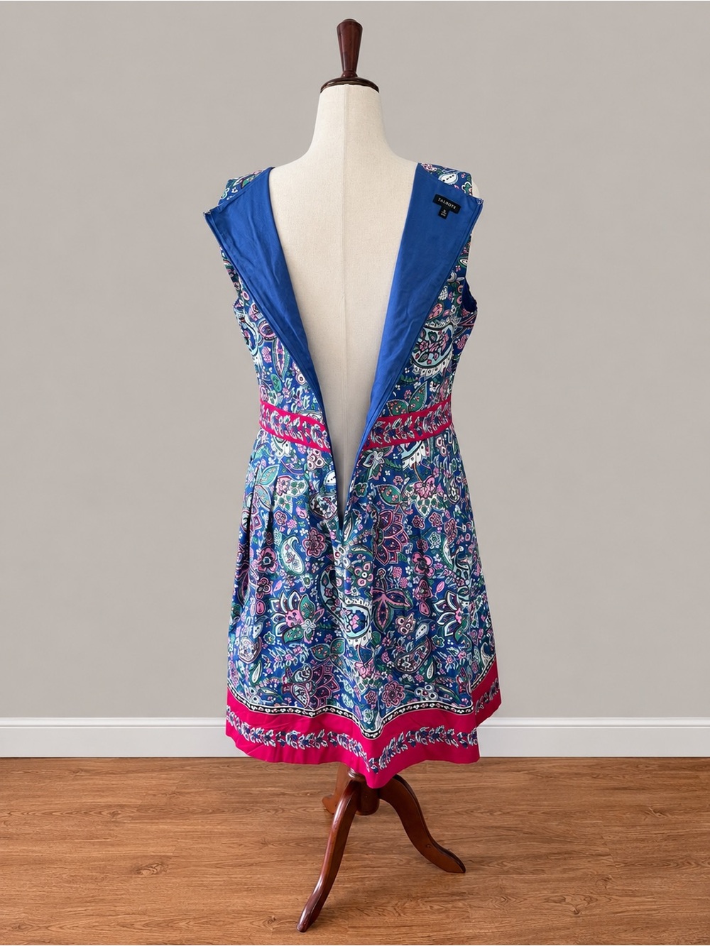 Talbots Blue Paisley Sleeveless Fit-and-Flare Dress with Pink Trim - Picture 5 of 8